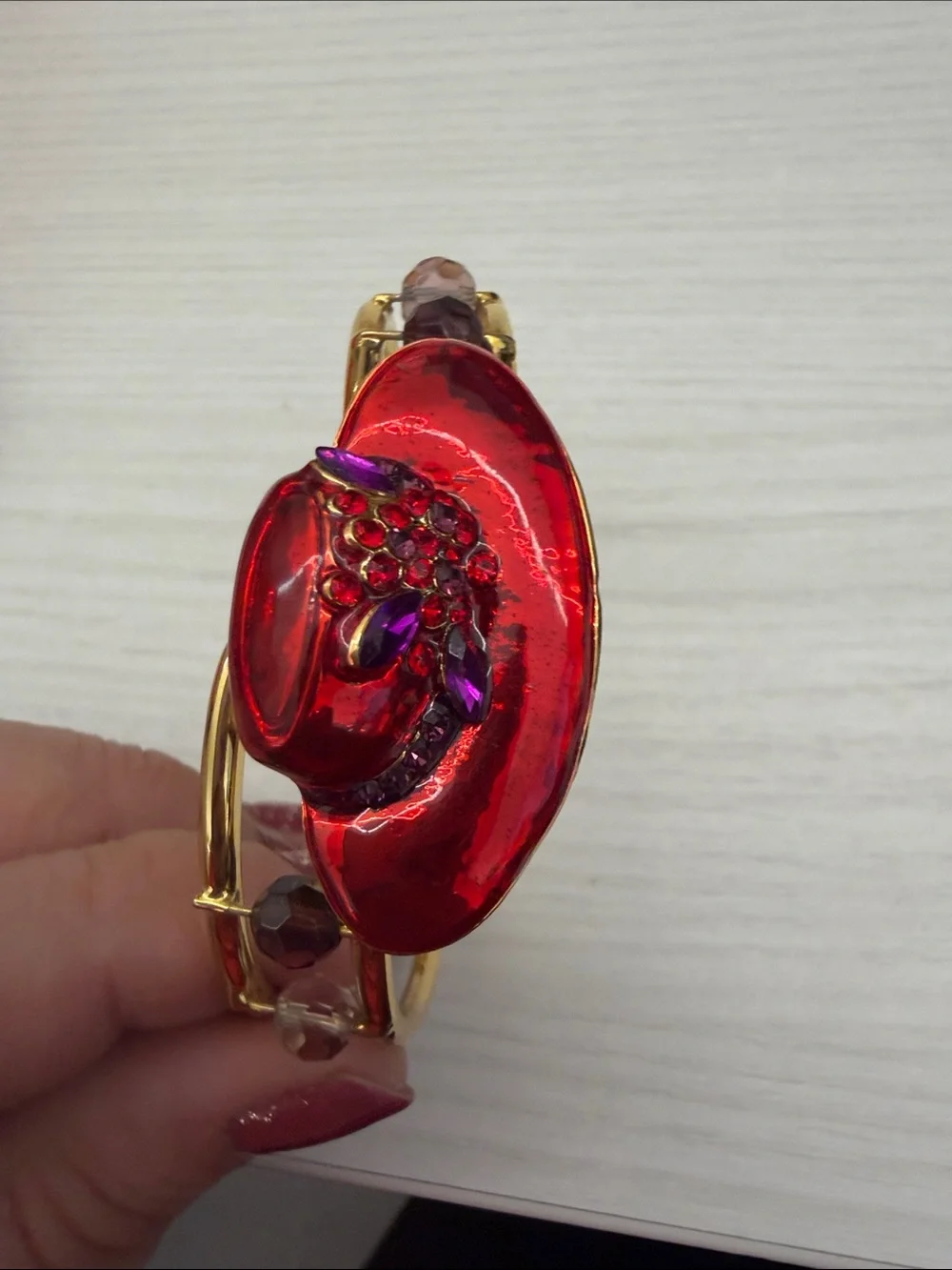 Gold Bangle Bracelet with Red Floral Accent